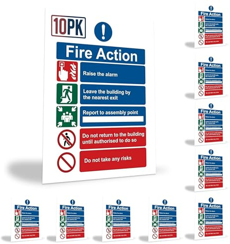RubiGo - Fire Action Notice Sign. 10PK 20x15cm, Fire Exit Sign High Gloss Self Adhesive Sticker - Fire Safety Signs Fire Signage Stickers Fire Escape Sign (10)