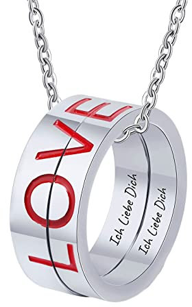 KnSam Pärchen Halskette 2 Teilig in Edelstahl, 4/5MM Ring Anhänger Love Puzzle mit Emaille Gravur Ich Liebe Dich Partner Ketten Jungs, Silber, Damen 54 Herren 62, 60cm & 50CM Länge