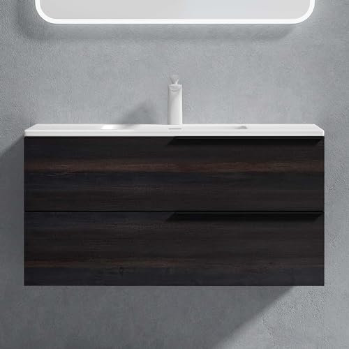 doporro Mobile Bagno Sospeso 90cm Grigio Antracite con Lavabo e Specchio LED Set di Mobili da Bagno 90x48x47cm con 2 Cassetti Soft Close Lavabo Bianco in Resina Minerale Serie Paestum