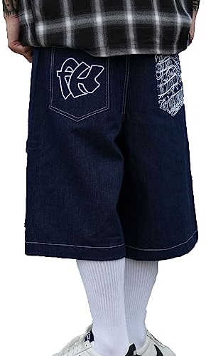 Keepmore Pantaloni Corti Jeans Uomo Larghi 3/4 Lunghezza Casual Streetwear Hip Hop Ricamo Artistico Retrò Baggy Skate Cargo Blu Taglia L