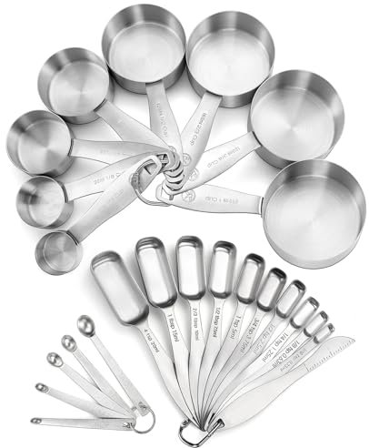 Juego de 24 tazas y cucharas medidoras en acero inoxidable 18/8, 8 tazas medidoras, 10 cucharas medidoras, 1 nivelador y 5 mini cucharas medidoras, ideales para ingredientes secos y líquidos
