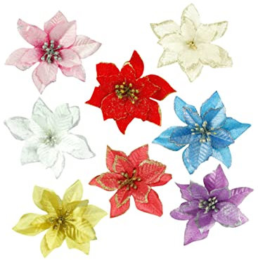 Warmhm 16 Stück Künstliche Weihnachtsblumen Als Anhänger Für Baum Und Girlande Pro Farbe Gold Silber Violett Blau Rosa