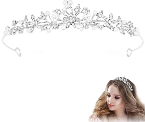 Pearl Rhinestones Wedding Tiara for Bridal Wedding Princess Queen Coronation Birthday Party Silver Crown Tiara Rhinestone Tiara Girl and Women Carnival Party Holiday Celebration for Adults