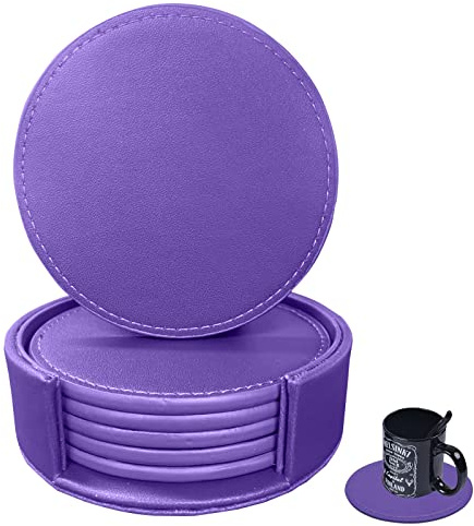 RICHSUM 6er Set Leder-Untersetzer mit Naht - Spritzschutz für Tisch und Schreibtisch - Strapazierfähig, rutschfest - Perfekt für Glas-Kaffeetassen & Becher - 10 cm (Lila)