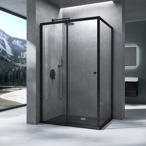 Mai & Mai Cabine de Douche Paroi de Douche avec Porte Coulissante Verre Trempé de Sécurité Transparent Revêtement Nano Easy Clean 80x120x190cm Noir RAV16L K