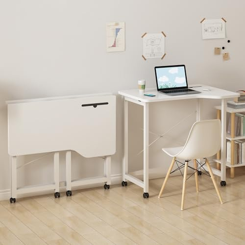 Rcynview Laptoptisch Faltbarer Schreibtisch mit Kartenschlitz Klapptisch Holz mit Rollen, 360°Drehbar PC Klapptische, Aussparung, Platzsparend, Computertisch für Bett, Sofa, Weiß, 90x56x75cm