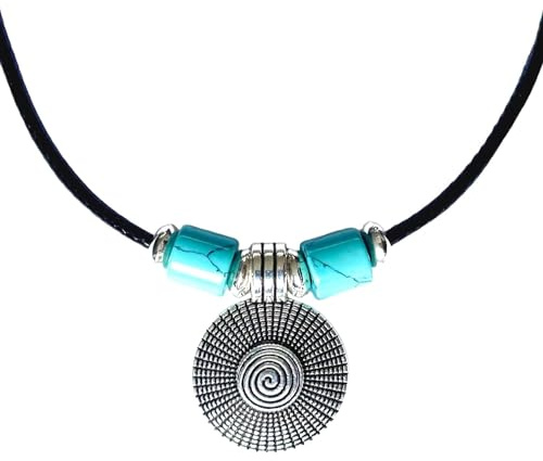 ASTER ALHELÍ – Keltische Spirale Halskette Damen Herren – Silberfarbener Anhänger mit Türkisstein – Schutzamulett und Unisex Kette mit Schwarzem Band – Handgefertigter Schmuck Ideal als Geschenk