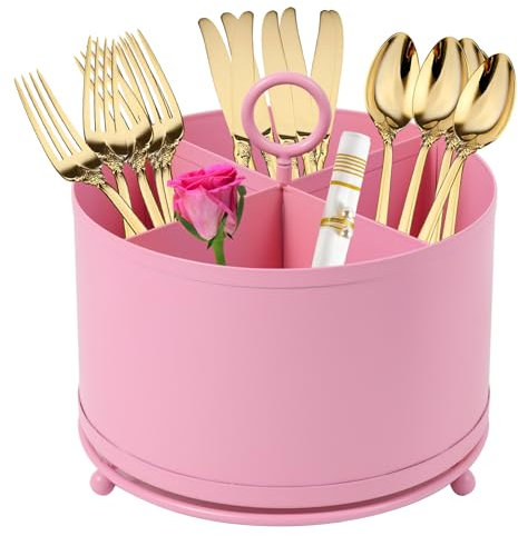 NelyBet 360°Rotating Metal Utensil Caddy 4 Compartment Silverware Cutlery Holder Fork Spoon Napkin Organizer Flatware holder with Handle For Picnic Camping Party - Pink