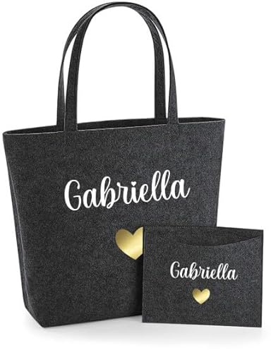 AWASG Filztasche Damen-Tasche mit kleinem Etui - Bedruckt und Personalisiert mit Herz Name - Shopper Geschenk für Sie