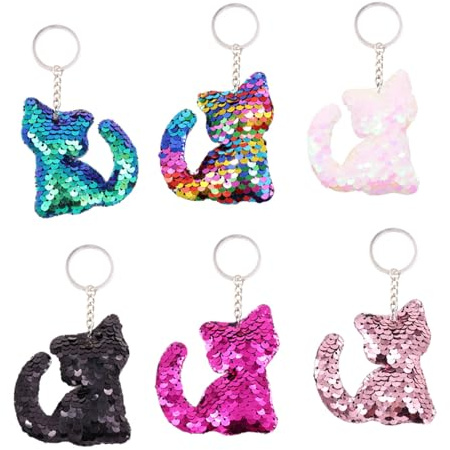 PACKOVE Katze Schlüsselanhänger 12 Stück Glitzer Pailletten 6 Farben Schlüsselbund Deko für Frauen und Mädchen Katzenform Party Gastgeschenk Schlüsselanhänger für Tasche Rucksack Handtasche