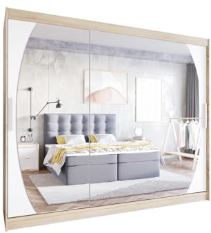 Easy4You L5 250 cm Sonoma/Weiß Schiebetüren Kleiderschrank 250x215x58 cm mit Spiegel - Schlafzimmermöbel, Aufbewahrung - Mehrzweckschrank