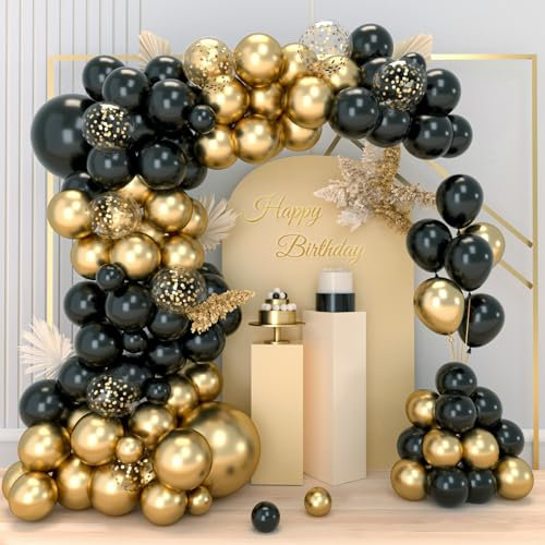 Kit Arche Ballon Noir et Or, Guirlande Ballons Noir Doré avec Ballons Confettis Or pour Decoration Anniversaire Garçon Fille, Mariage, Baptême, Saint Valentin, Retraite, Diplômé, Fête du Nouvel An