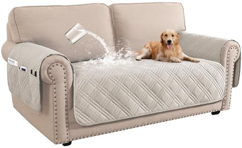 BellaHills 100% Waterproof Sofa Covers 2 Seater Sofa Cover for Living Room Washable Seat Covers with Side Pocket Furniture Protector from Pets (2 Seater, French Oak)