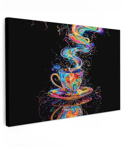 MuchoWow© Leinwand Groß XXL Deko Schlafzimmer Aesthetic Leinwandbilder | 120x80 cm - Wohnzimmer Gemälde Foto Geschenk Living Room Decoration Bilder Küche - Kaffee - Farbenfroh - Schwarz - Tasse