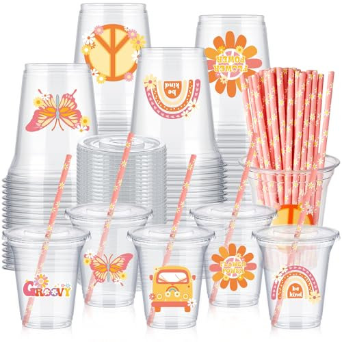 Boao 36 juegos de vasos de fiesta Groovy con tapas y popotes de papel, 14 onzas, suministros de fiesta de cumpleaños, decoración hippie, bohemio, desechables, vasos de plástico transparente a granel