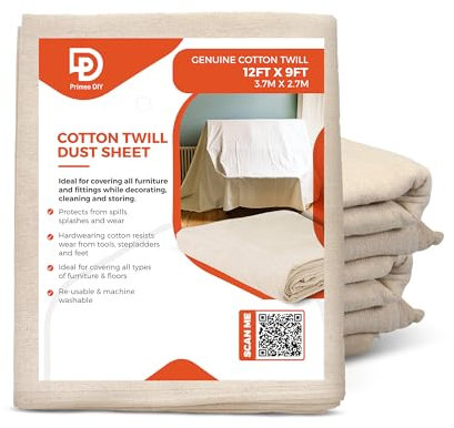PRIMES DIY Twill Professional Quality Dust Sheet 12 x 9 ft, Heavy Weight Cotton for Painting & Decorating, Durable, Reusable Drop Cloths, Furniture Cover, Natural Canvas, High Grade Fabric 1 PCS