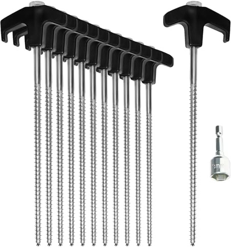 com-four® 12x estacas para Tienda de campaña de Acero con Adaptador para Destornillador inalámbrico - estacas para Tornillos - estacas robustas con Rosca para Acampar y Exteriores
