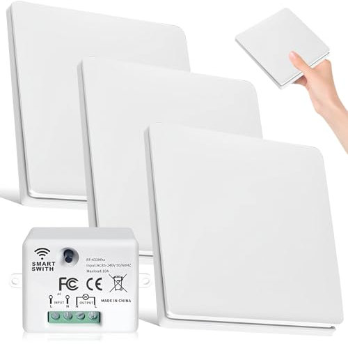 GOEDCH RF433 Interruttore Luce Senza Fili con Ricevitore, Kit a 3 vie, a Parete con Portata Fino a 50m per Lampade e Impianti Elettronici