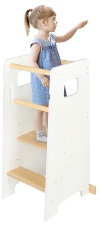 Tour d Observation Enfant avec Bandes Antidérapantes - Tour d'apprentissage en Bois réglable en Hauteur - Montessori Tabouret pour Enfants Bébé à partir du Support -90 * 42 * 40 cm-Blanc