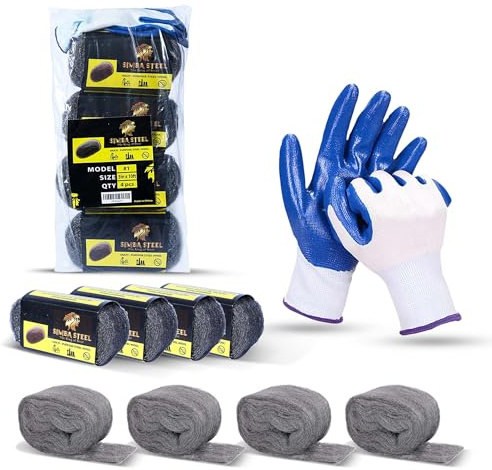 SIMBA Steel Wool - 4 Pack 3 x 10ft Steel Wool with Gloves, Ideal for Sealing Gaps and Holes in Home, Garage, Pipes, and Vents