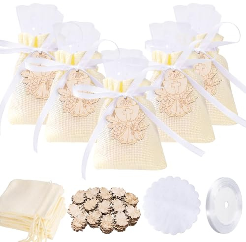 Fantasyon 50 pz Sacchetti Portaconfetti Comunione Set, Sacchetti Juta Bomboniere Nascita con Ciondoli di Legno Comunion Veli di Tulle e Organza Nastro Raso, per Comunione Battesimo Nascita Matrimonio
