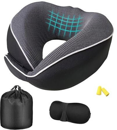 Aricvort Nackenkissen Flugzeug, Verstellbares Kompaktes Memory Foam Reisekissen, Ergonomisches Weich Atmungsaktiv mit Ohrstöpseln, Augenmaske, Deal zum Schlafen im Flugzeug, Auto, Zug