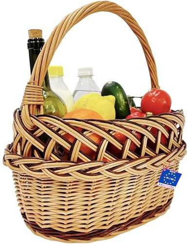 Einkaufskorb aus Weide mit Griff für Einkäufe im Geschäft oder auf dem Markt – Picknickkorb oder Pilzkorb, handgeflochten, dekoratives, offenes Flechtmuster, Hellbraun und Dunkelbraun, 40x25x40
