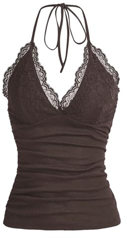 GORGLITTER Axelbandstopp för damer, Y2k, kamisol, crop top, neckholder, topp med kontrastspets, Chokladbrun, S