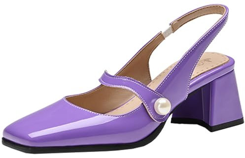 XIEPP Slingback da donna con tacco a blocco, con punta quadrata, Lilla, 43 EU
