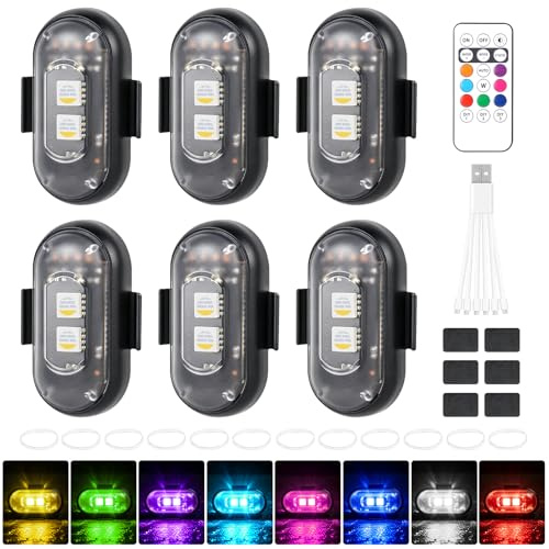 FENYW 6 Pezzi Luci Stroboscopiche Drone LED, 8 Colori Ricarica USB Lmpermeabile Luce a LED, Luci Stroboscopiche Senza Fili con Telecomando, Ricaricabili USB Strobe Drone Light per Motocicletta