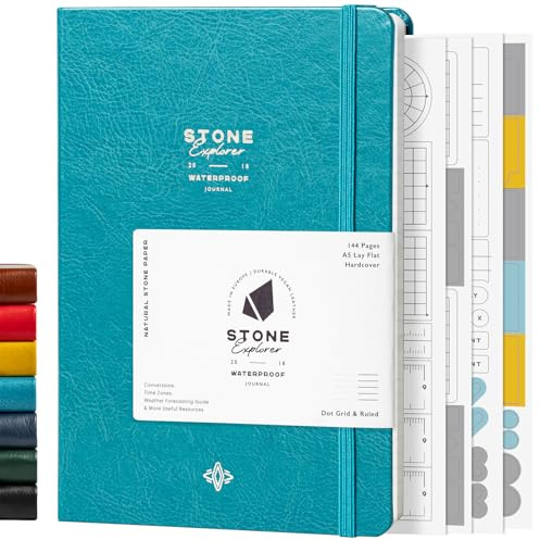 Stone Journal Explorer Notizbuch - A5 wasserdichtes Papier Feldjournal, blaugrünes veganes Leder, Hardcover, 144 Seiten abwechselnd liniert & Punktraster, Rücktasche, witterungsbeständig