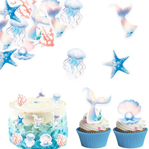 ALEGRE 48 stycken ätbar tårtdekoration sjöjungfru födelsedagsdekoration, tårtdekoration sjöjungfru cupcake-topp, våffelpapper, sjöjungfru, muffinstopp, tårtdekoration, sjöjungfrur för barns födelsedag