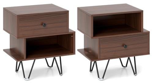 GIANTEX Lot de 2 tables de chevet avec tiroir et compartiment ouvert - Table d'appoint en bois avec 4 pieds de support en métal - Table de chevet pour chambre à coucher - 44 x 29 x 47 cm - Noyer