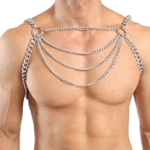 BRABOSTON Arnés de cadena de cuerpo punk para hombre, ajustable, arnés de cadena para el pecho, multicapa, ropa de club, disfraces, joyería para hombre, accesorios de pecho para hombre