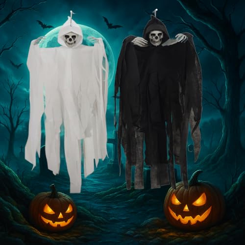Katomi 2er-Set 90 * 55cm Horror Skelett Hängedeko – Halloween Geister Deko für Innen & Außen, Türdeko, Hexe Ghosts Totenkopf Halloweendeko für Garten, Haus & Party, Schwarz-Weiß