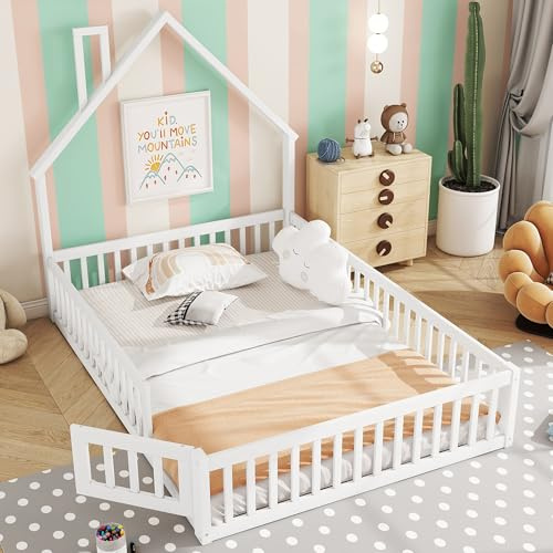 OKMYHOME Hüttenbett 140 x 200 cm – Kinderbett in Form eines Kamins – Kiefer + MDF – ohne Matratze – Weiß