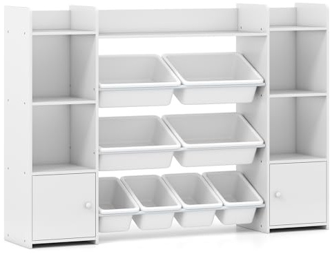 Maxmass Toy Storage Organizer, Children Bookshelf Storage Unit with Removable Bins, Open Shelves, Enclosed Cabinets, Toddler Bookcase Rack for Kids Room Playroom Nursery (White, 142x30x100cm)
