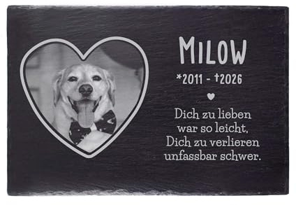 Casa Vivente Grabplatte aus Schiefer mit Foto & Gravur, Herz-Motiv für Haustiere, Personalisierter Trauerschmuck mit Name, Datum & Spruch, Gedenktafel ohne Bohrung, Tiergrab Andenken, wetterfest