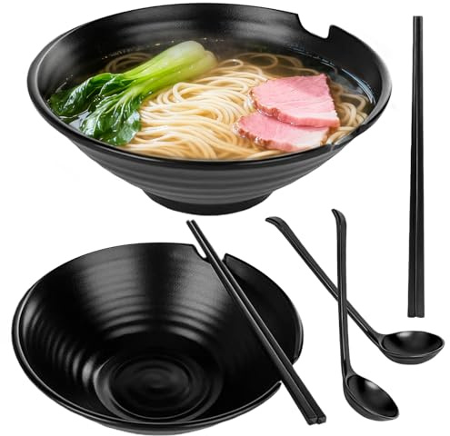 Juego de 2 cuencos de ramen (6 unidades), 1100 ml, juego de cuencos de ramen japonés, cuenco grande con palillos y cuchara, cuenco ramen para asiáticos, pasta, fruta, sushi, sopas, ensaladas (negro)