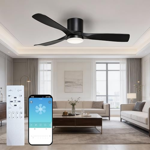 42In Smart Modern Ceiling Fan with Light - Low Profile Ceiling Fan with 3 Reinforced Blades, Remote/APP Control, 3500LM 3CCT Dimmable 6-Speed Reversible, Quiet Fan Light for Living Room,Bedroom,Black
