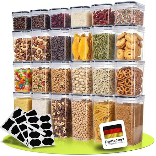 uandu Vorratsdosen mit Deckel luftdicht – 24er für Müsli, Mehl & Zucker | Vorratsbehälter Set, 3 Größen, BPA-frei, 24 Etiketten & Schreibstift für mehr Ordnung