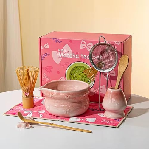 MIDNIGHT MANTRA Pink Matcha Set 8 Piece – Japanese Matcha Tea Set with Bamboo Whisk, Bowl, Scoop & Holder – Complete Matcha Kit for Traditional Tea Ceremony – Gift Set for Matcha Lovers