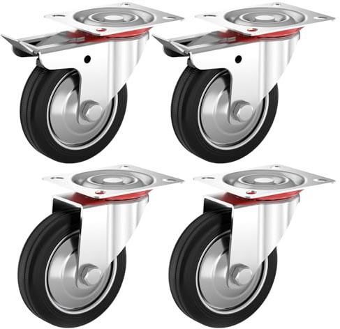 SAMA-Tech Schwerlastrollen Transportrollen Schwarze Industrierollen - 75mm Rollen-Set: 2x Lenkrolle + 2x Lenkrollen mit Bremsen - Spurlose & Massive Rollen für Werkstatt Werkzeugwagen Hochbeet uvm.
