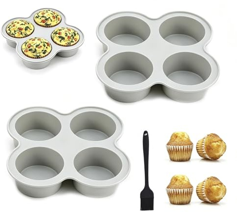 MFSKJELF 2 Pack Air Fryer Egg Bite Molds, Non-Stick Cupcake Moulds BPA Free with 4 Cavity, Silicone Mini Muffin Tray with a Small Oil Brush for Baking Muffin Cake Puddings, Oven Air Fryer Safe