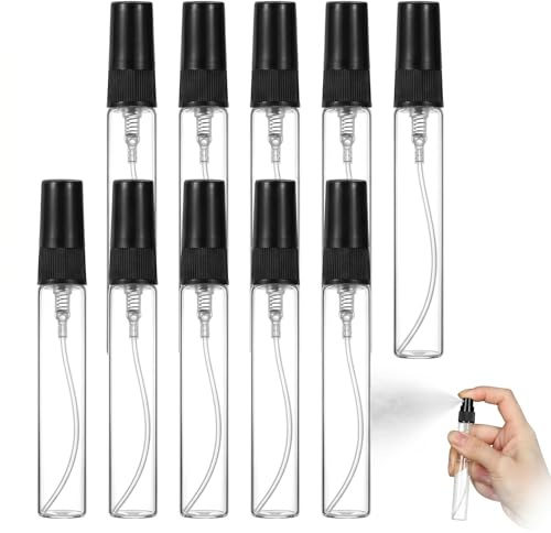 FIQLUL 10 Piezas Frascos de Perfume de Vidrio 10ml, Decants Perfumes Atomizadores Rellenables Transparente con Pulverizador Negro, Mini Botellas de Spray para Viajes, Aceites Esenciales y Muestras