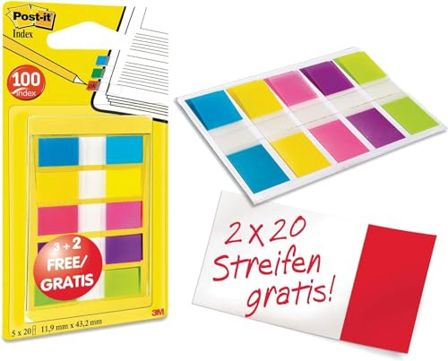 Post-it Index Haftstreifen, 60 + 40 Gratis-Markierstreifen | Zum Markieren, Hervorheben und Farbcodieren Wichtiger Informationen - Haftet Sicher, Beschreibbar, mit Einhand-Spender
