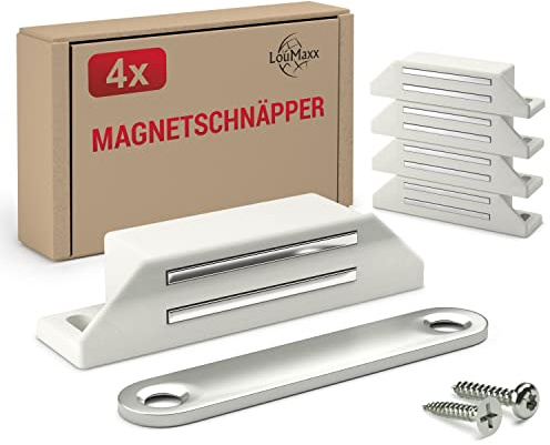 LouMaxx Chiusura Magnetica molto forte - Forza di Tenuta 8kg - Set di 4 Pezzi in Bianco - Magnete per Porte – Calamita Magnetica - Chiusura Magnetica per Armadi