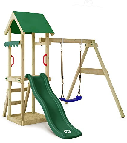 Wickey Spielturm Klettergerüst TinyWave mit Schaukel & grüner Rutsche, Outdoor Kinder Kletterturm mit Sandkasten, Leiter & Spiel-Zubehör für den Garten