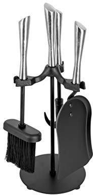 ADGO Kaminbesteck Retro Kaminzubehör set 4 Stück: Harke, Bürste, Schaufel, ovaler Ofengeschirr kamin Ständer Ständergröße: fi 15 * H34cm Harke/Bürste/Schaufel: 29 cm Edelstahl, Schwarz