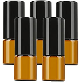 SKYPRO Botella enrollable de vidrio ámbar de 2 ml para aceites esenciales, 5 frascos de perfume con bola de rodillo de acero inoxidable, tapas negras, mini frascos de muestra para cosméticos
